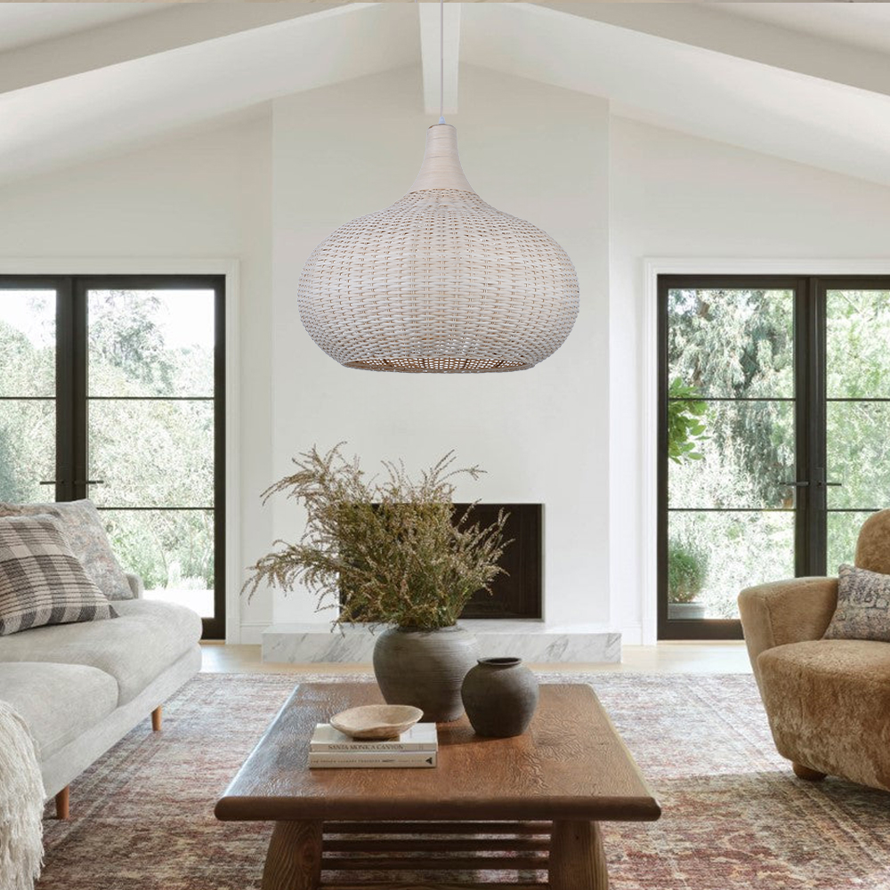 Vintage Handmade Natural  Off-White Rattan Pendant Light