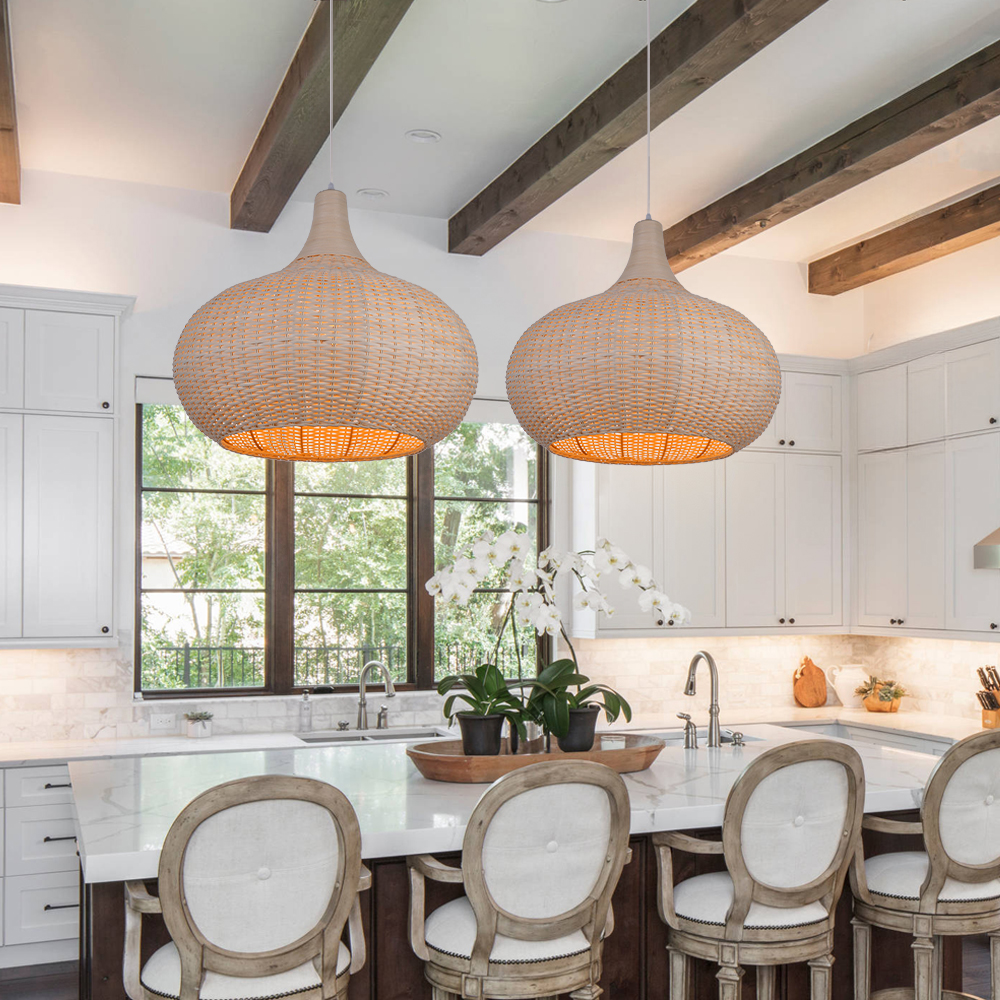 Vintage Handmade Natural  Off-White Rattan Pendant Light