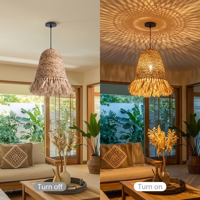 Japanese Dome Grass Rope Raffia 1-Light Pendant Light For Bedroom