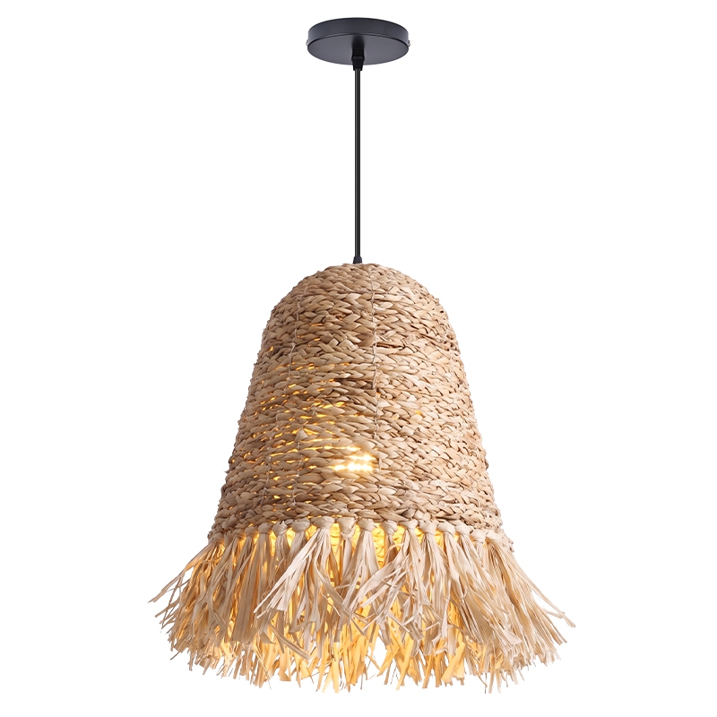 Japanese Dome Grass Rope Raffia 1-Light Pendant Light For Bedroom