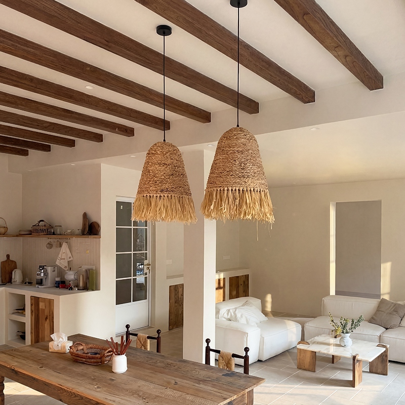 Japanese Dome Grass Rope Raffia 1-Light Pendant Light For Bedroom
