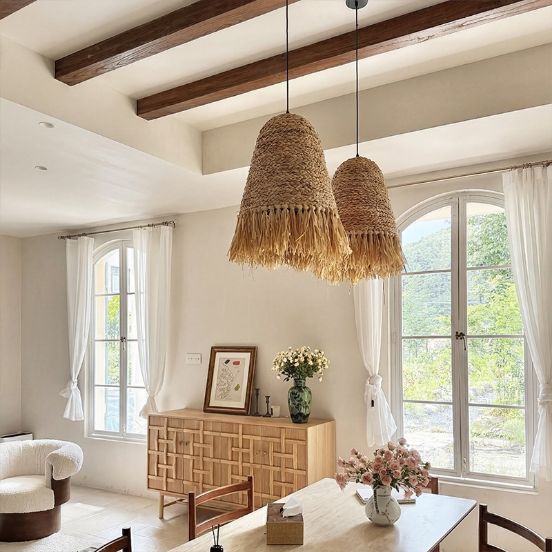 Japanese Dome Grass Rope Raffia 1-Light Pendant Light For Bedroom