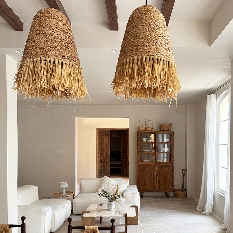 Japanese Dome Grass Rope Raffia 1-Light Pendant Light For Bedroom