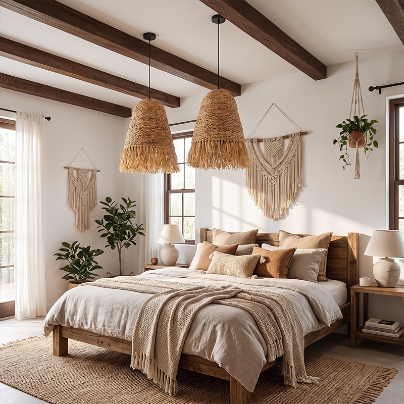 Japanese Dome Grass Rope Raffia 1-Light Pendant Light For Bedroom