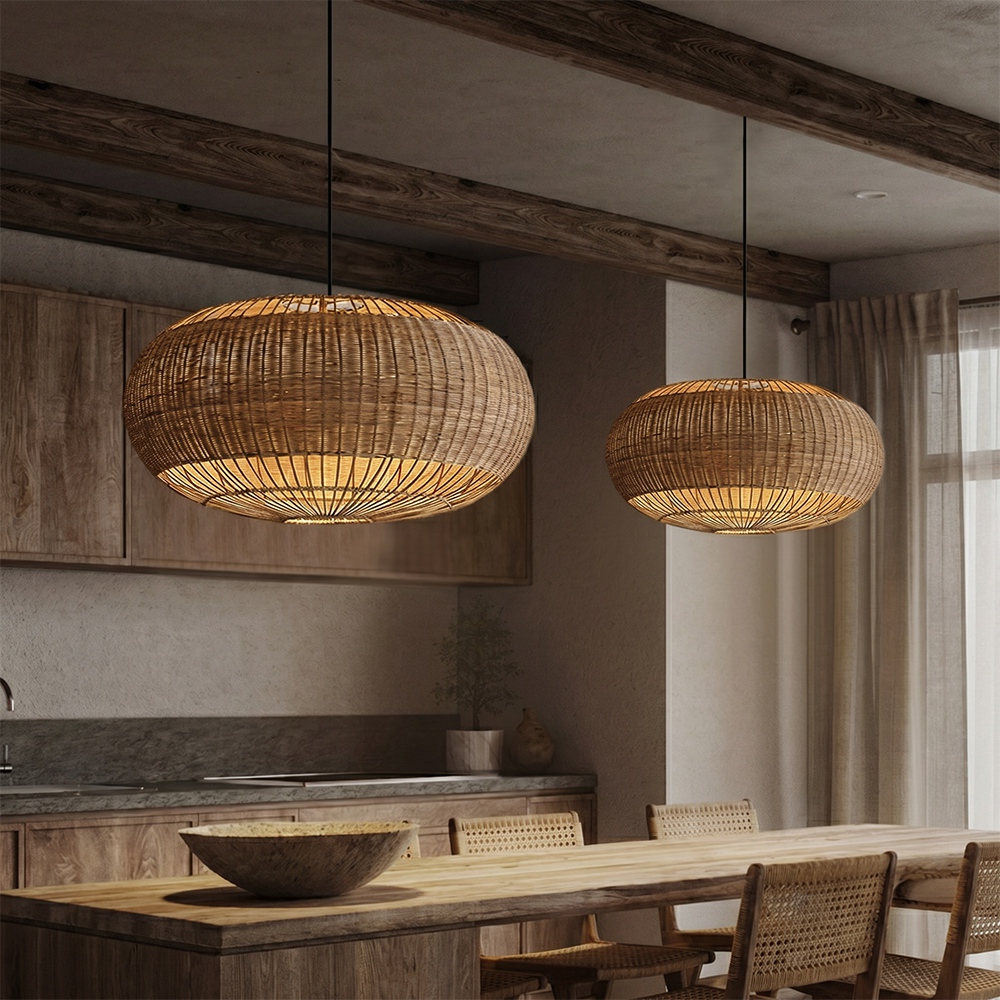 Rattan Handwoven Pendant Lights Adjustable Bamboo Wicker Hanging Lamp