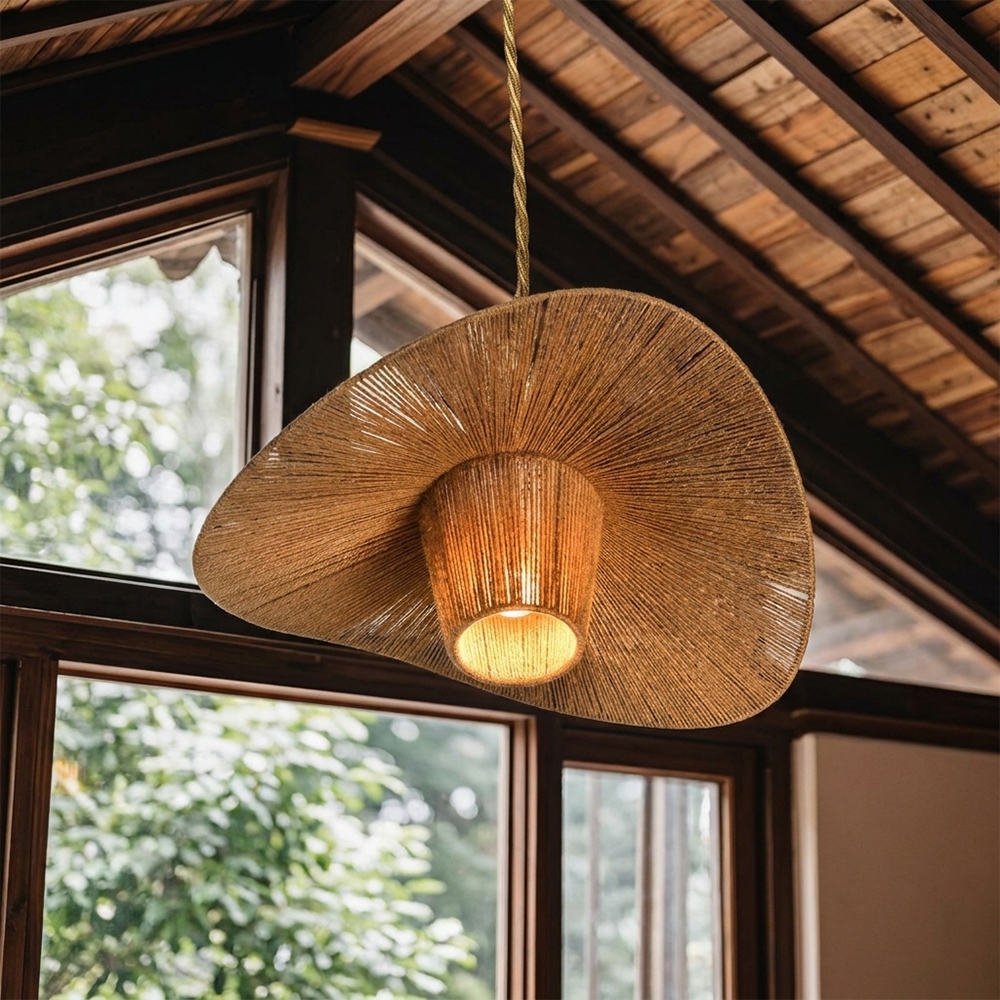 Extra Large Rustic Hat Pendant Light Oversized Wabi-Sabi Lamp