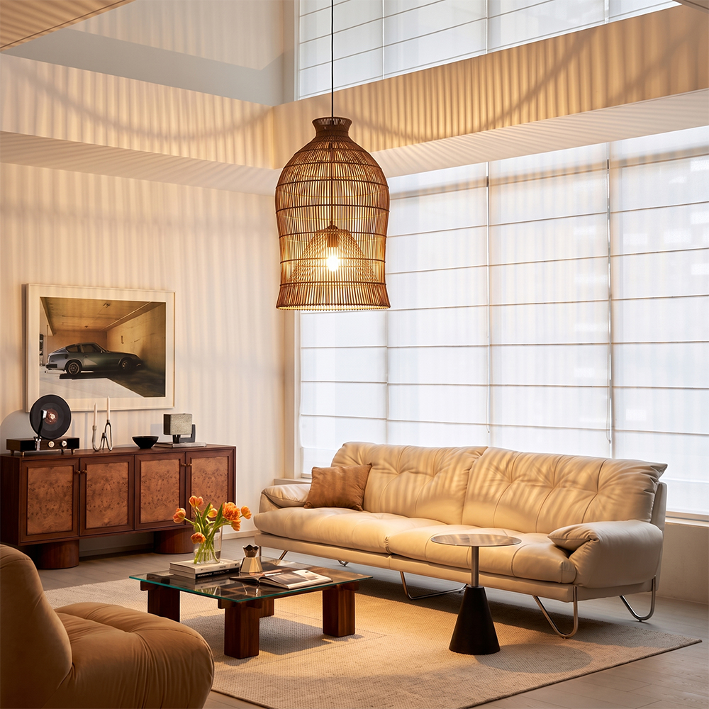 Handwoven Double-Layer Rattan Pendant Light Barn Hanging Lamp