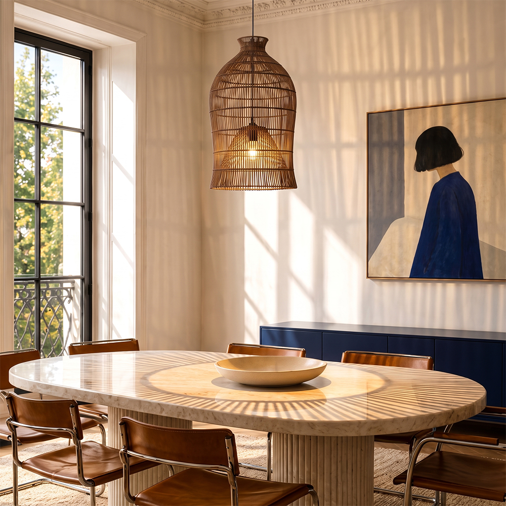 Handwoven Double-Layer Rattan Pendant Light Barn Hanging Lamp