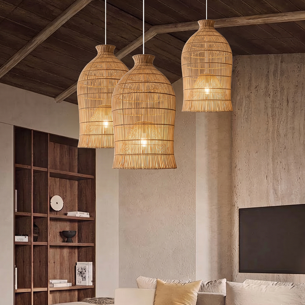 Handwoven Double-Layer Rattan Pendant Light Barn Hanging Lamp