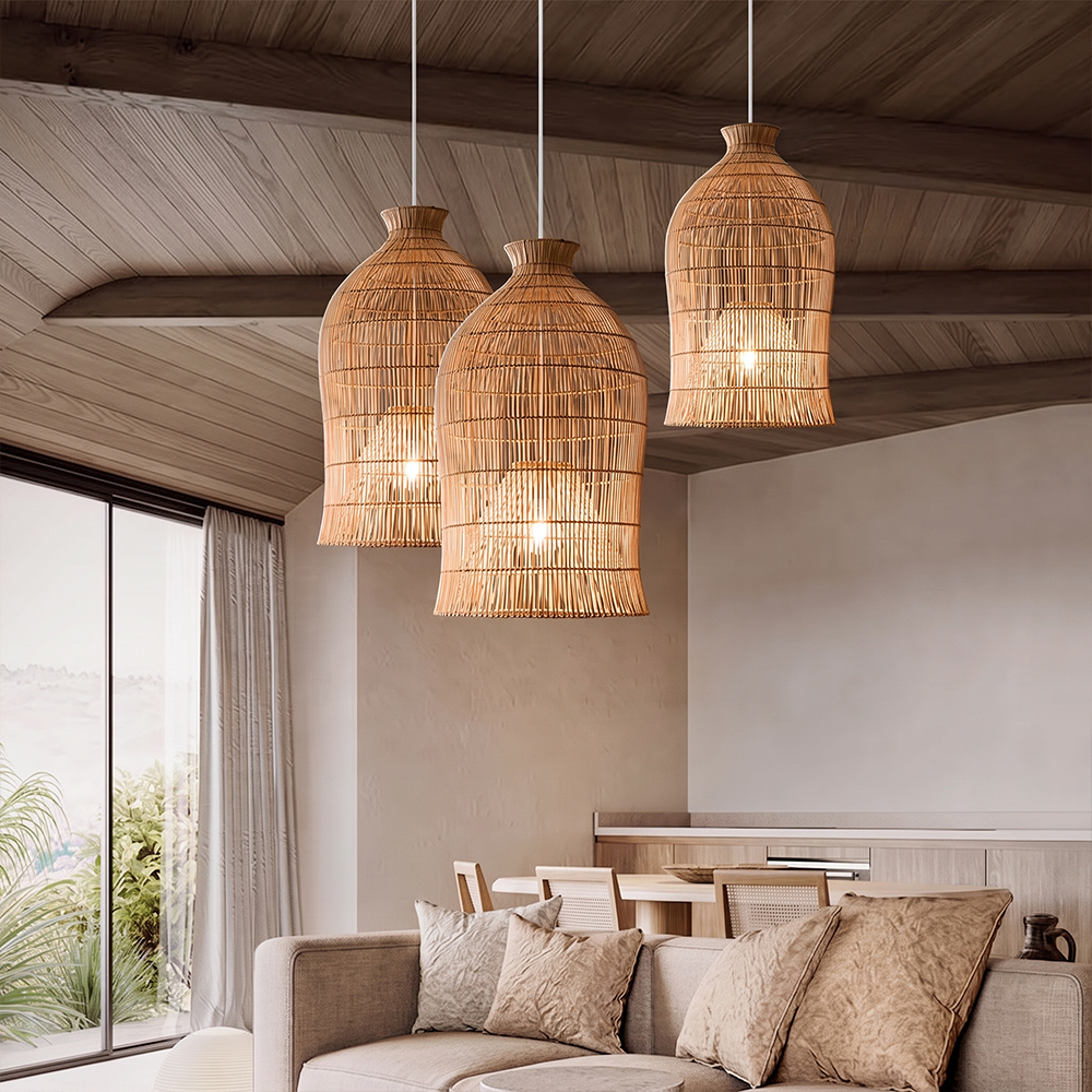 Handwoven Double-Layer Rattan Pendant Light Barn Hanging Lamp