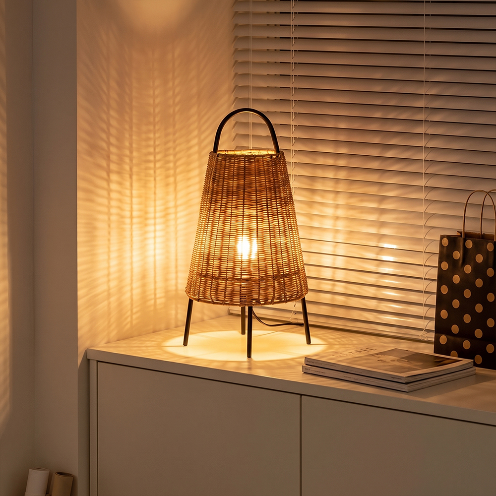 Wabi-Sabi Coastal Rattan Table Lamp Organic Bedside Light
