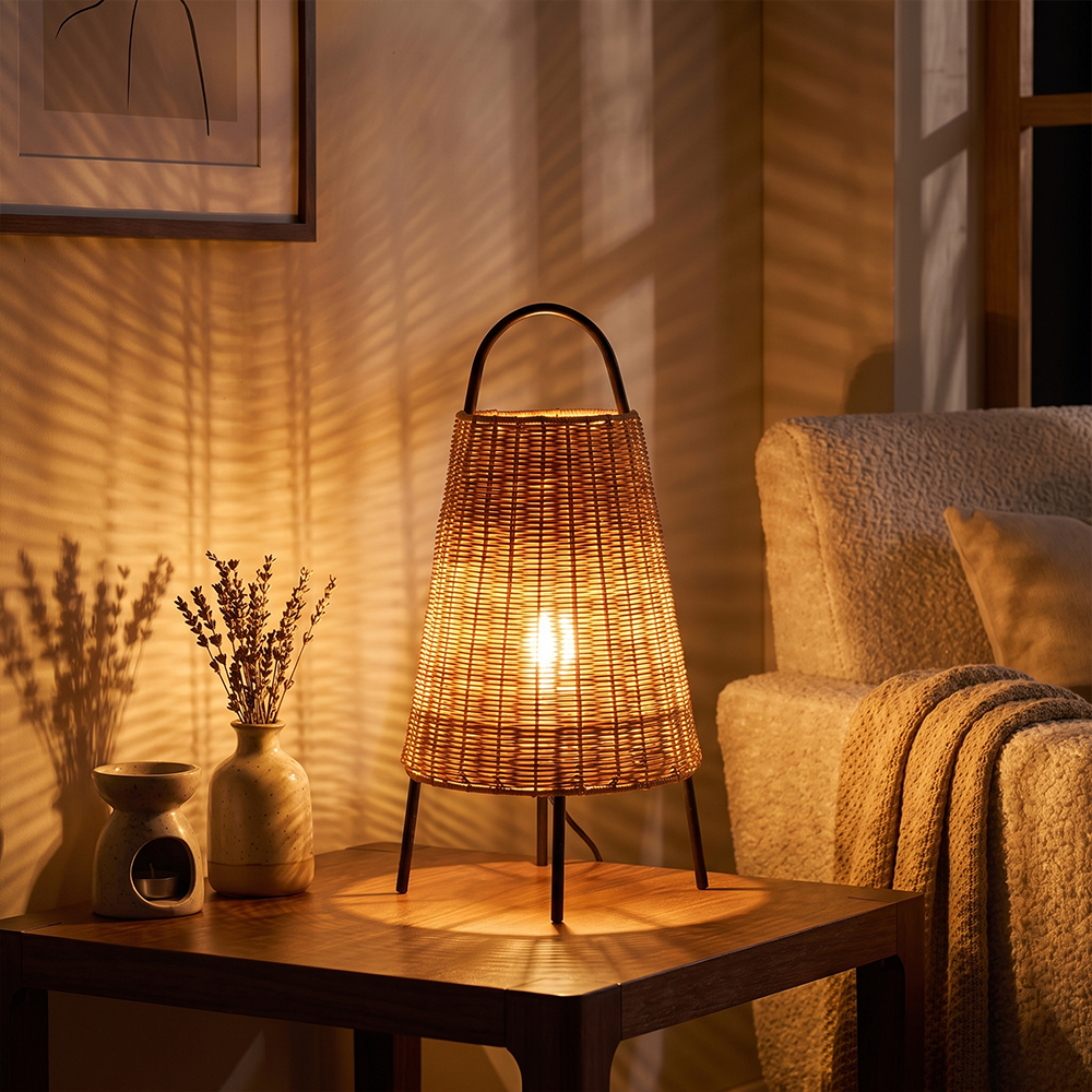 Wabi-Sabi Coastal Rattan Table Lamp Organic Bedside Light