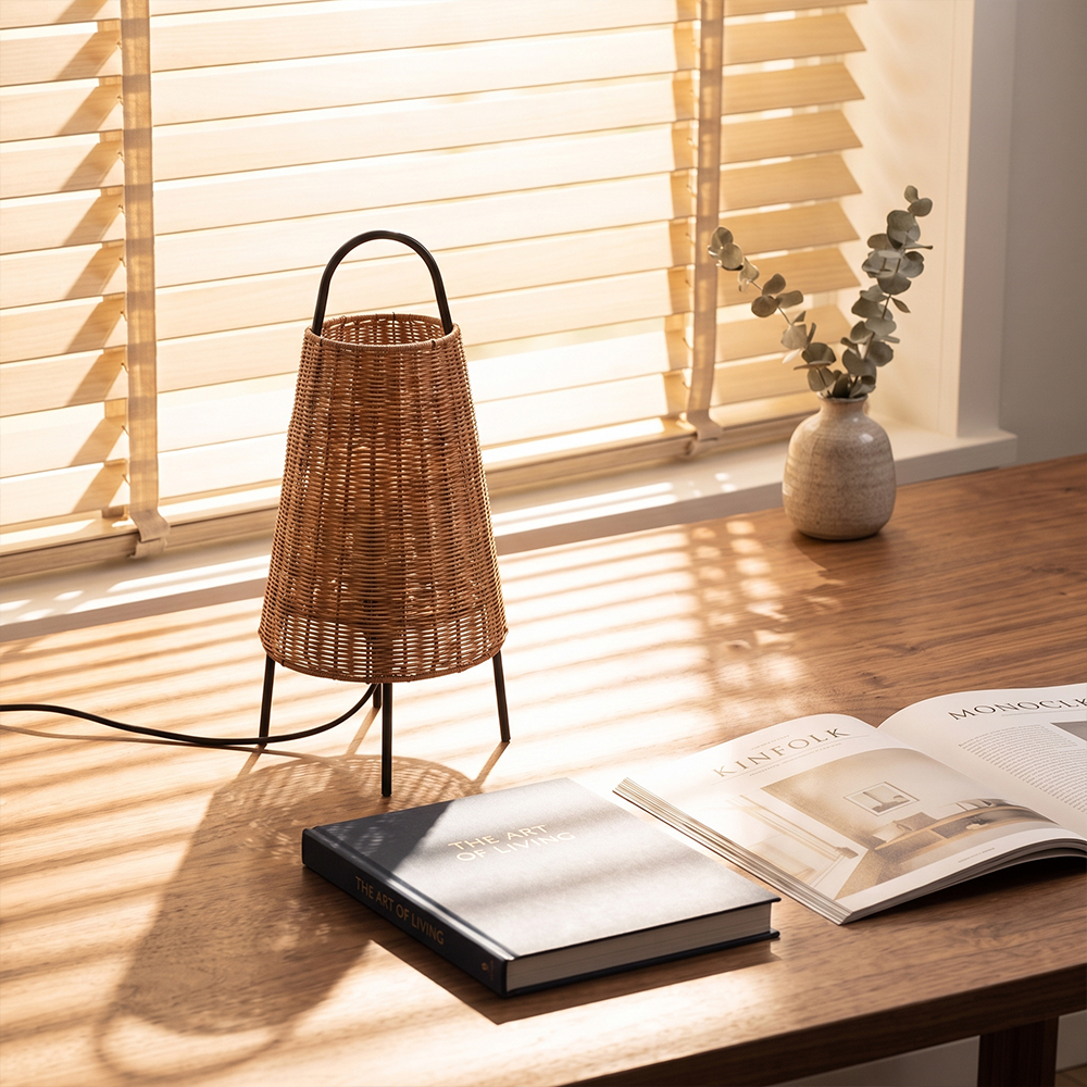 Wabi-Sabi Coastal Rattan Table Lamp Organic Bedside Light