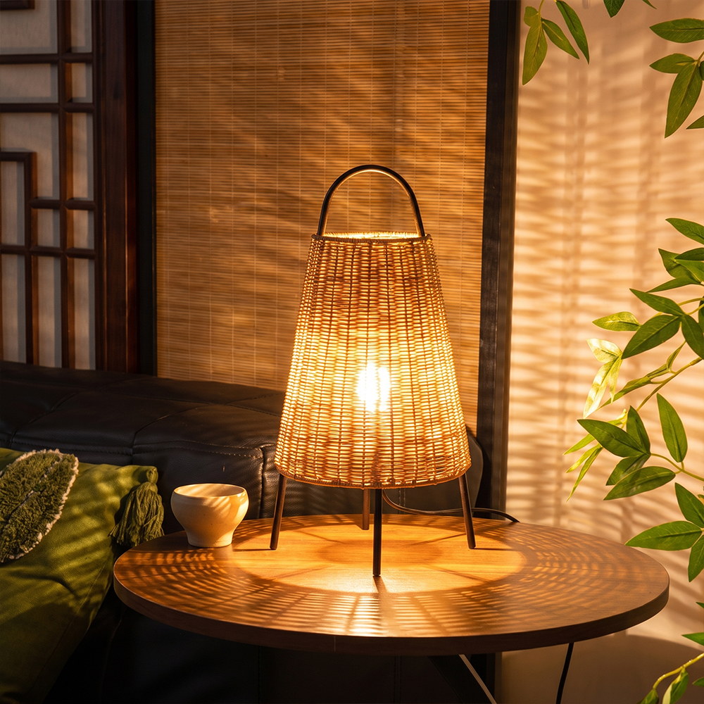 Wabi-Sabi Coastal Rattan Table Lamp Organic Bedside Light