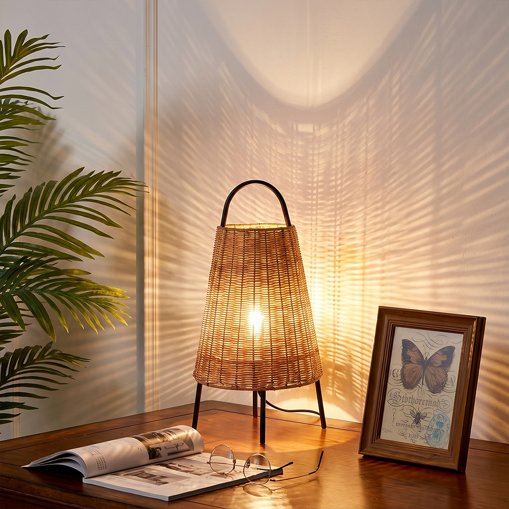 Wabi-Sabi Coastal Rattan Table Lamp Organic Bedside Light