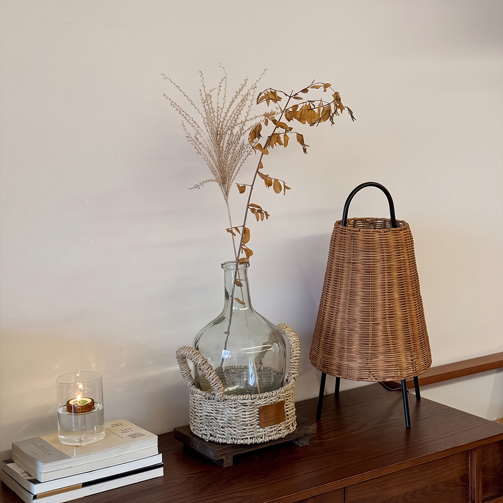 Wabi-Sabi Coastal Rattan Table Lamp Organic Bedside Light