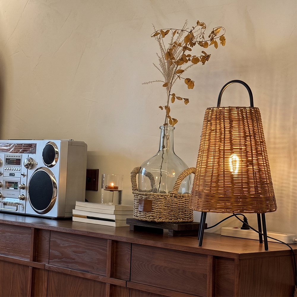 Wabi-Sabi Coastal Rattan Table Lamp Organic Bedside Light