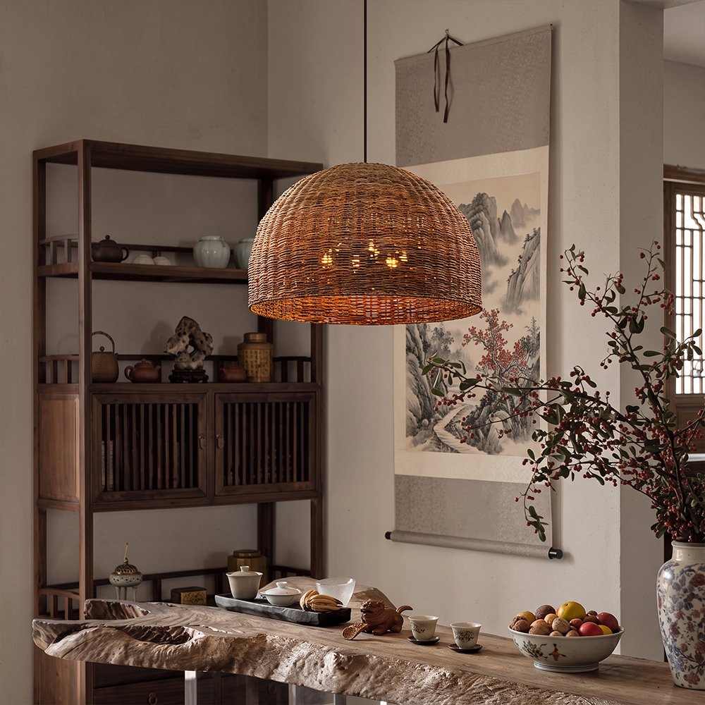 6-Light Tidepool Bronze Pendant Handwoven Basket Lamp