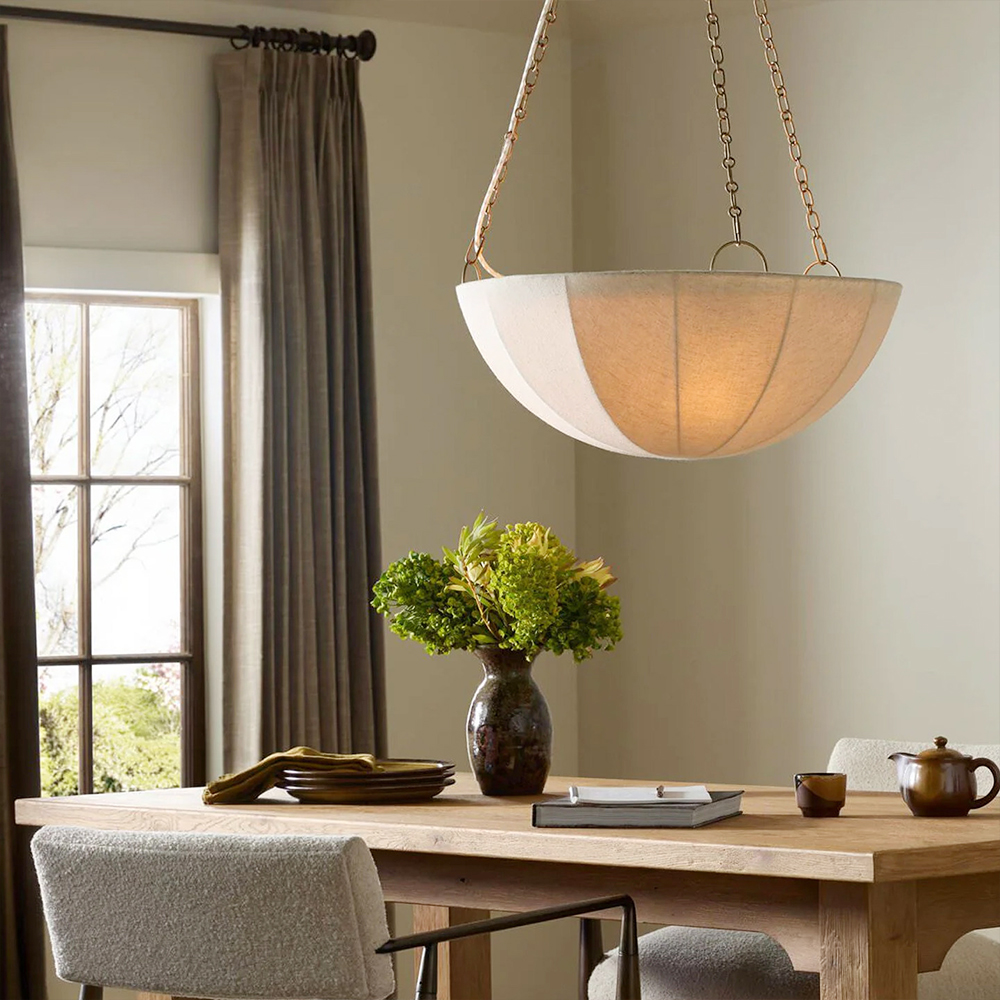 Vintage Baroque Linen Dome Pendant Light Brass & Fabric Fixture