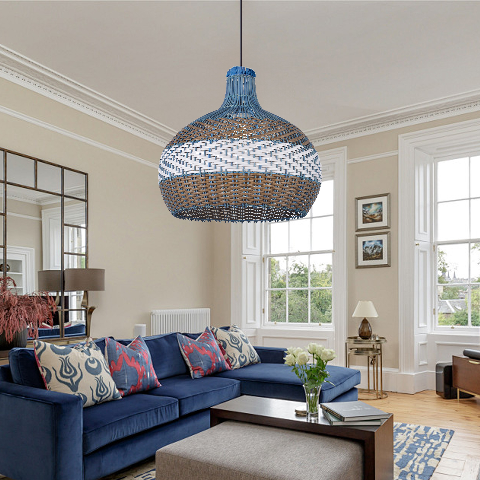 Simply Courtland Blue Rattan Pendant Light For Kitchen Island