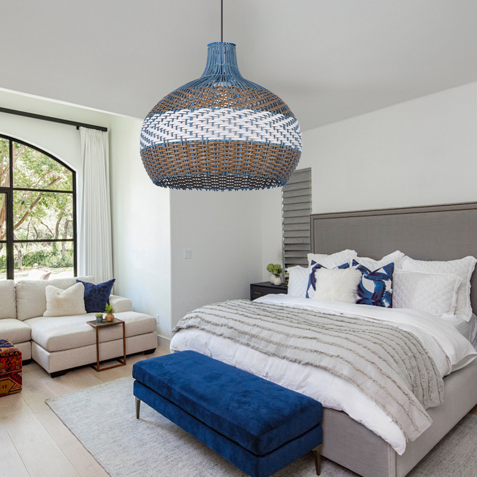 Simply Courtland Blue Rattan Pendant Light For Kitchen Island