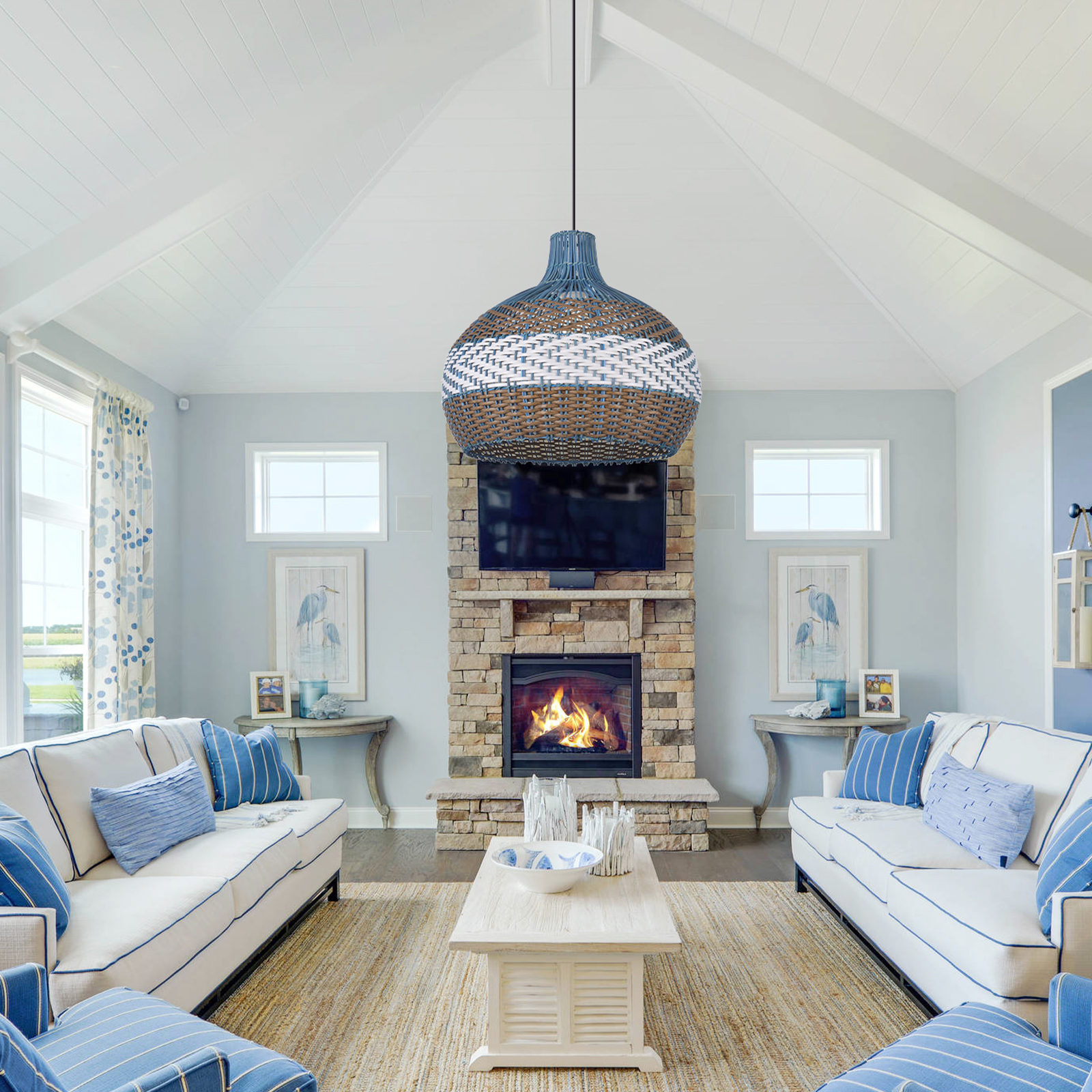 Classic Series Courtland Blue Rattan Pendant Light For Kitchen Island