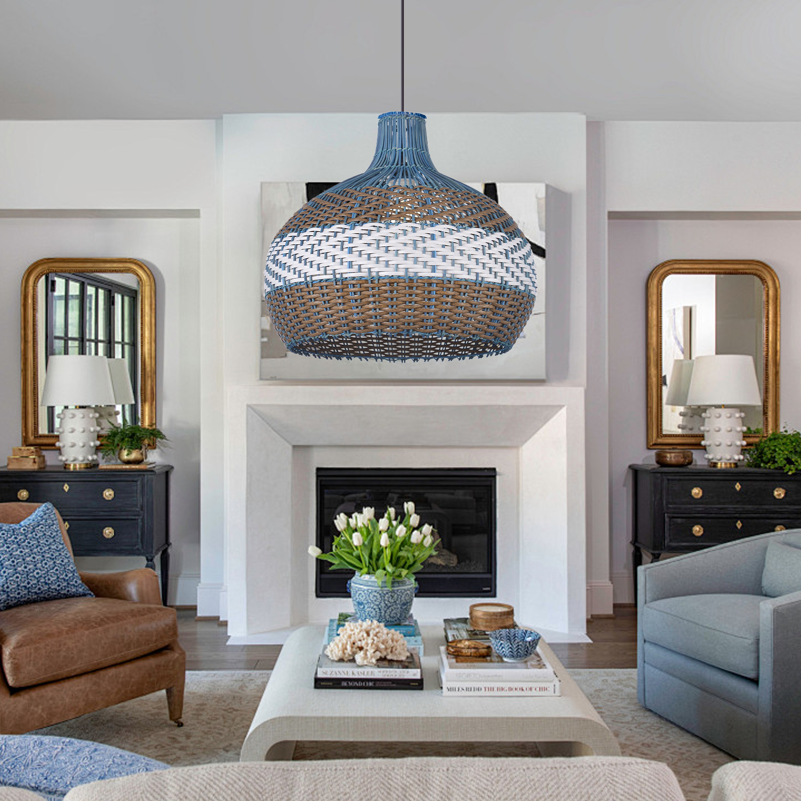 Simply Courtland Blue Rattan Pendant Light For Kitchen Island