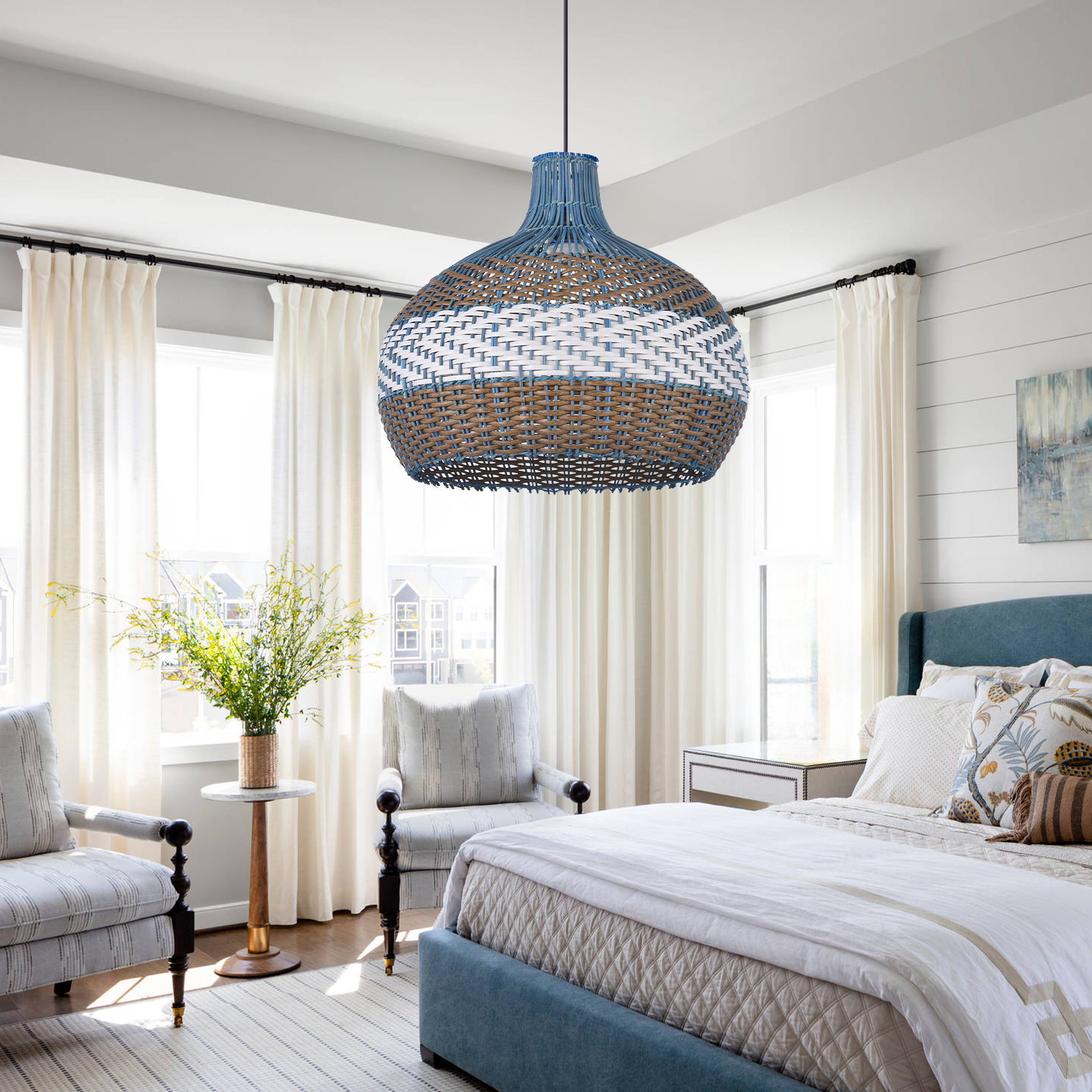 Simply Courtland Blue Rattan Pendant Light For Kitchen Island