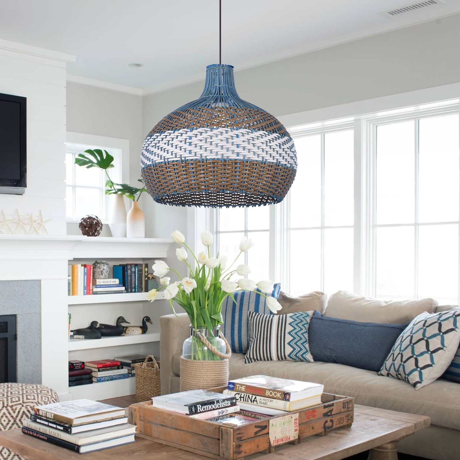 Simply Courtland Blue Rattan Pendant Light For Kitchen Island