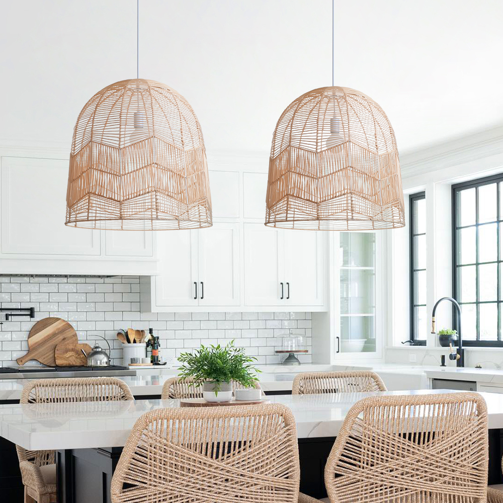 Boho ceiling light fixture farmhouse natural hand woven rattan pendant lamp shade