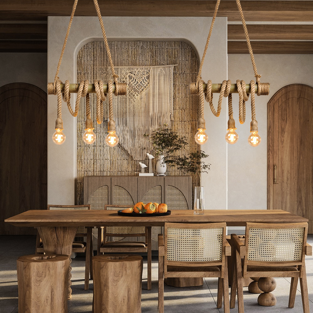Industrial Style Retro Bamboo Tube Hemp Rope Chandelier Creative Pendant Light