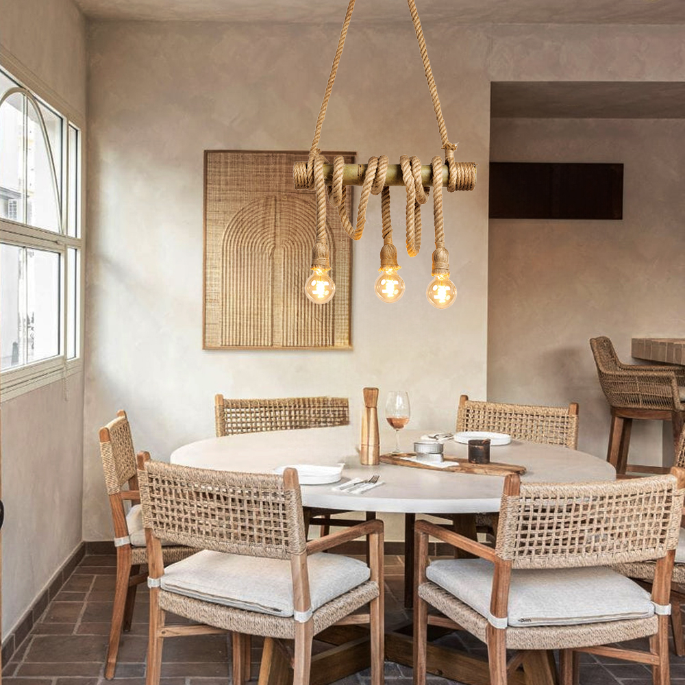 Industrial Style Retro Bamboo Tube Hemp Rope Chandelier Creative Pendant Light