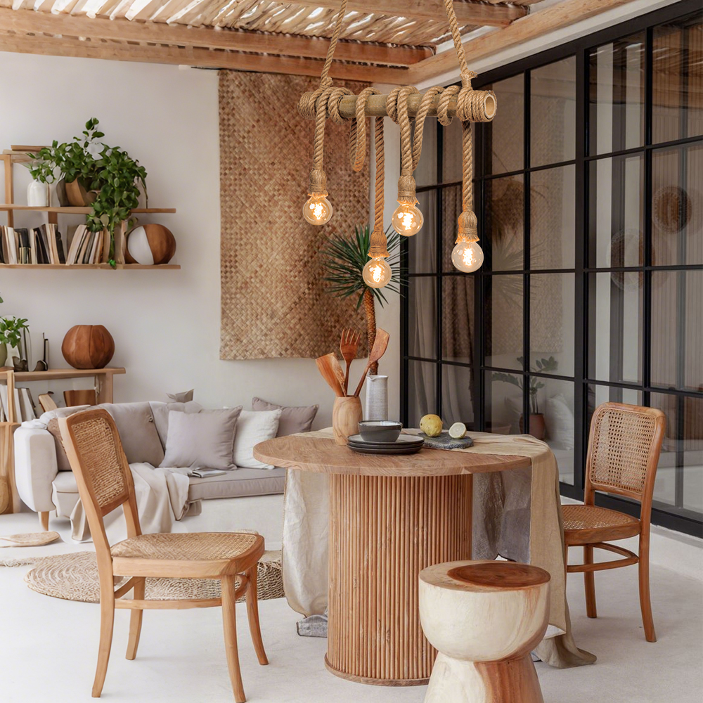 Industrial Style Retro Bamboo Tube Hemp Rope Chandelier Creative Pendant Light