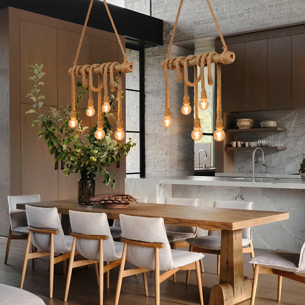 Industrial Style Retro Bamboo Tube Hemp Rope Chandelier Creative Pendant Light