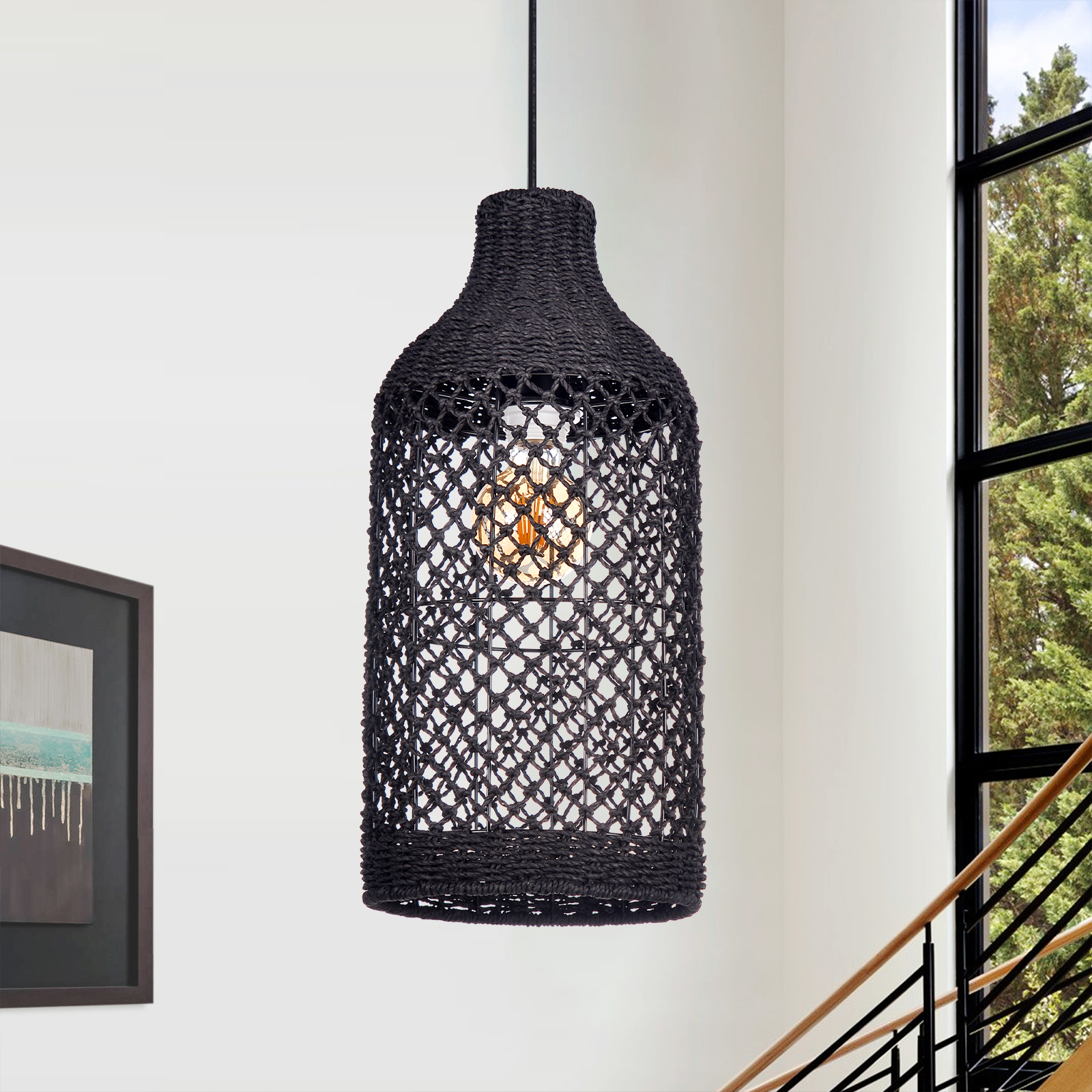 Southeast Asian Style Woven Seaweed Pendant Lamp With Retro Lampshade