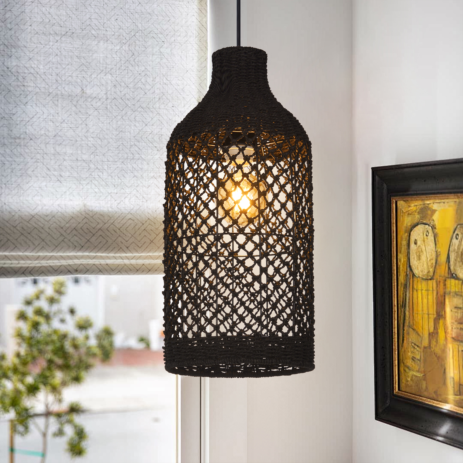 Southeast Asian Style Woven Seaweed Pendant Lamp With Retro Lampshade