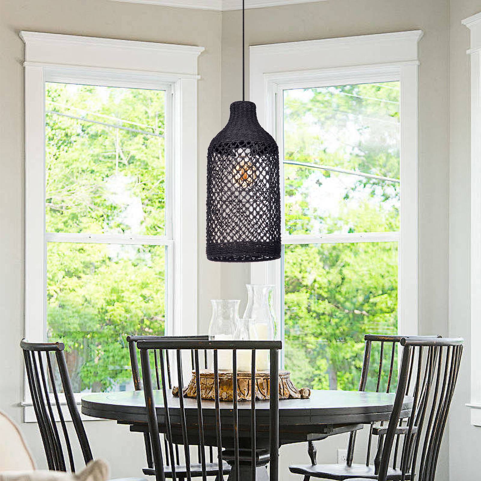 Southeast Asian Style Woven Seaweed Pendant Lamp With Retro Lampshade