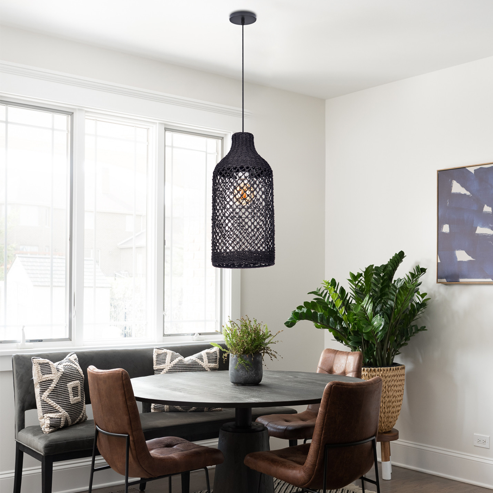 Southeast Asian Style Woven Seaweed Pendant Lamp With Retro Lampshade