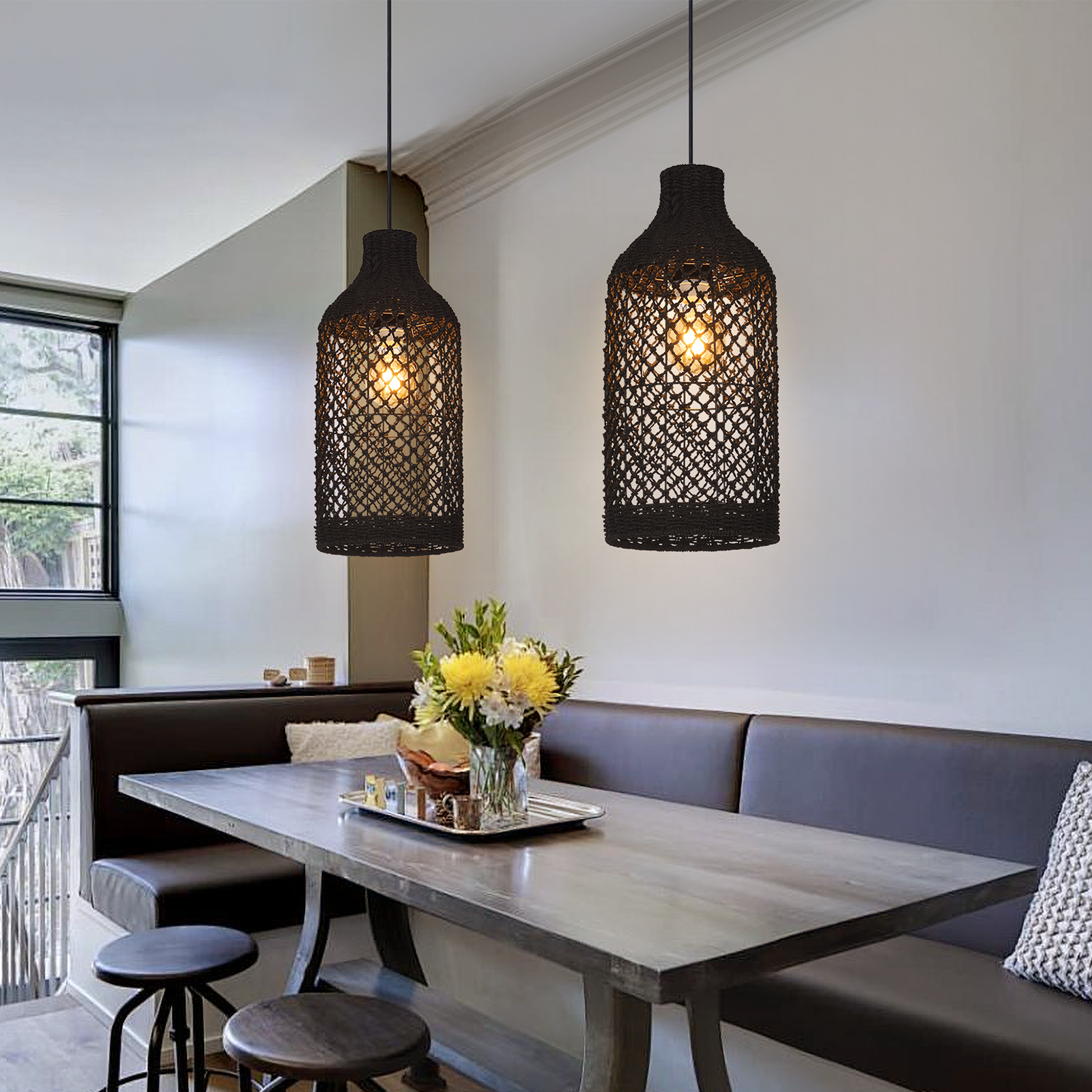 Southeast Asian Style Woven Seaweed Pendant Lamp With Retro Lampshade