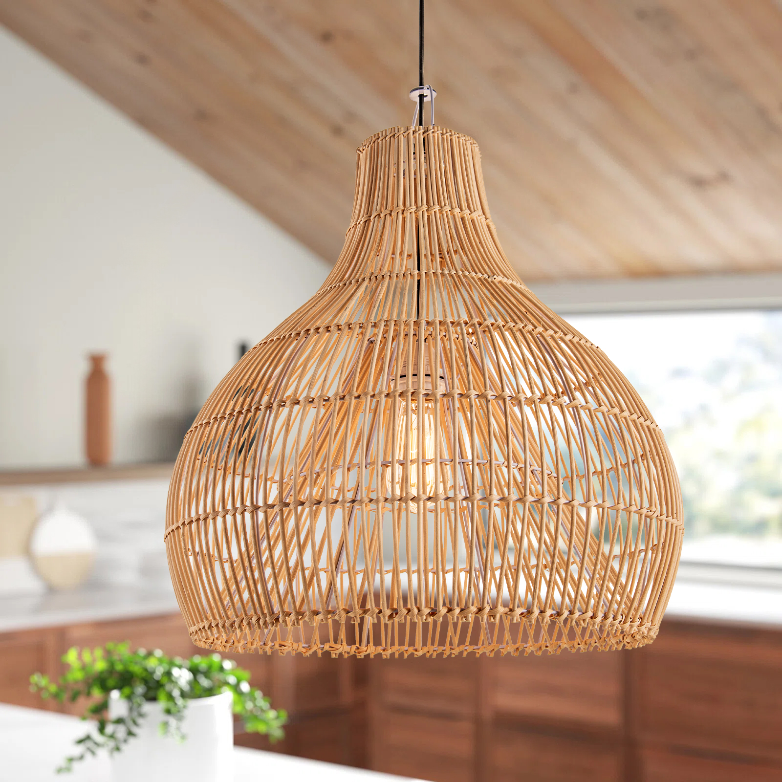 Handmade Rattan Pendant Light Rustic Woven Ceiling Lamp