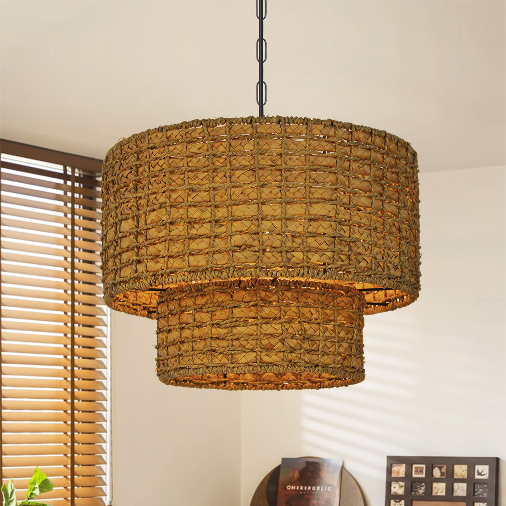 Harland Beachy Natural Rattan Double Drum Pendant Light