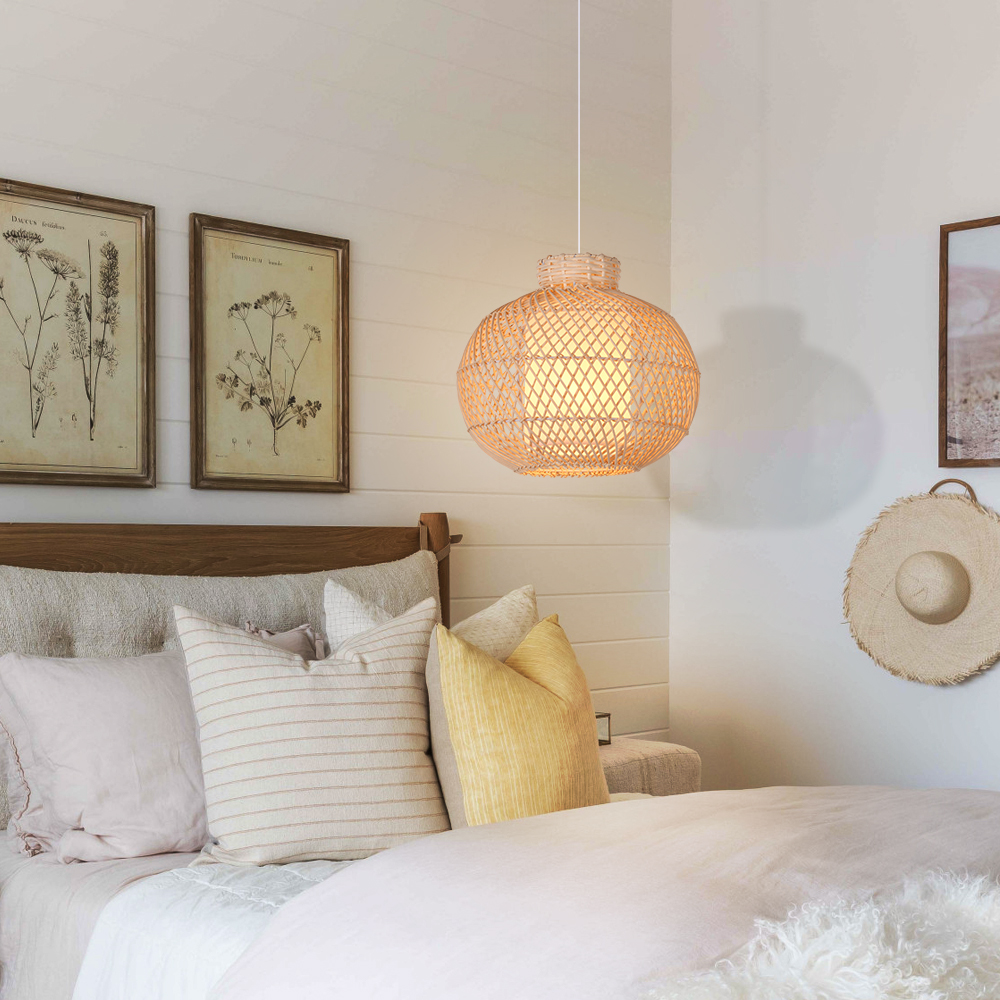 Boho Living Room Rattan Hanging Lighting Fixture Handmade Natural Pendant