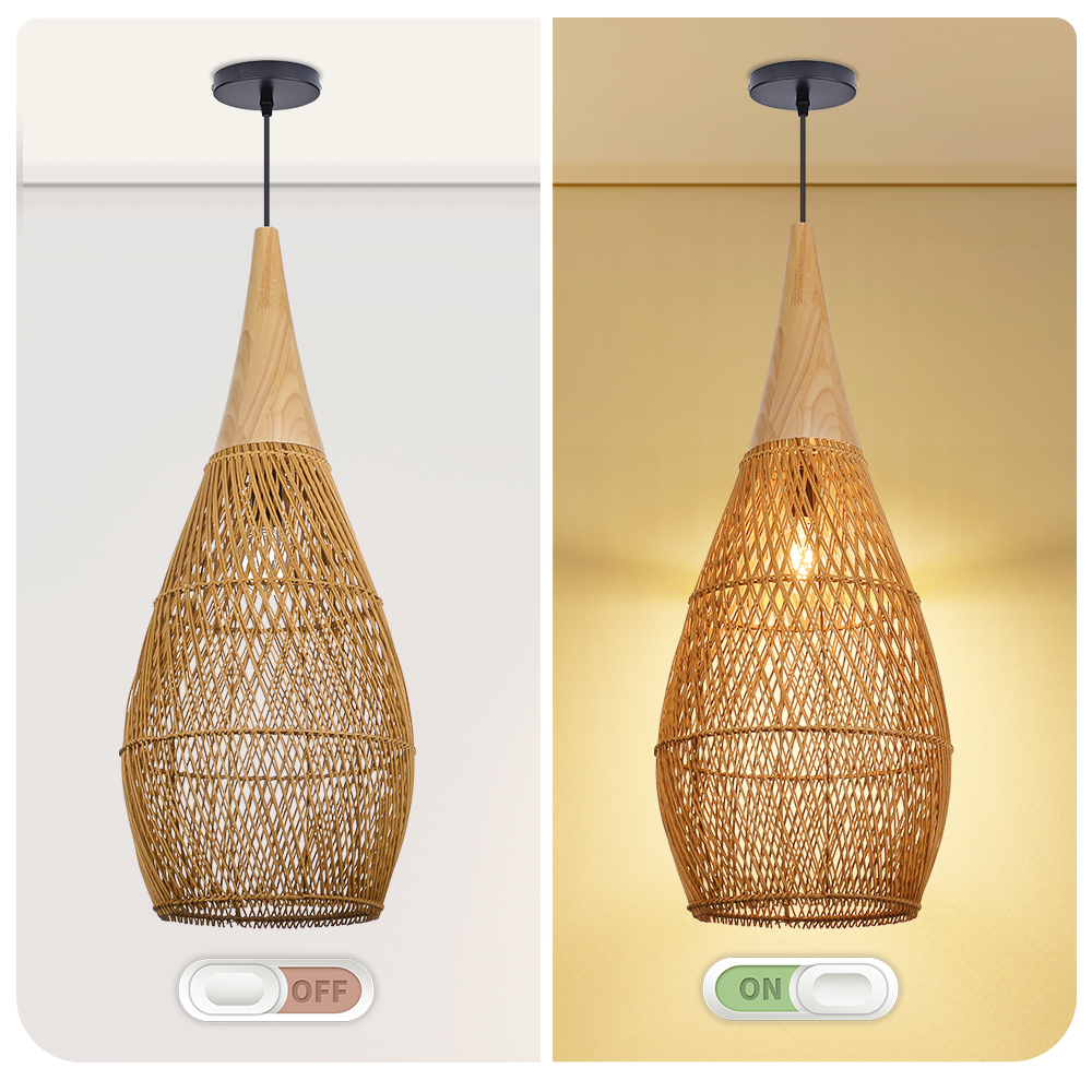 Dining Room Vintage Pendant Light Handmade Wood Rattan Lampshade