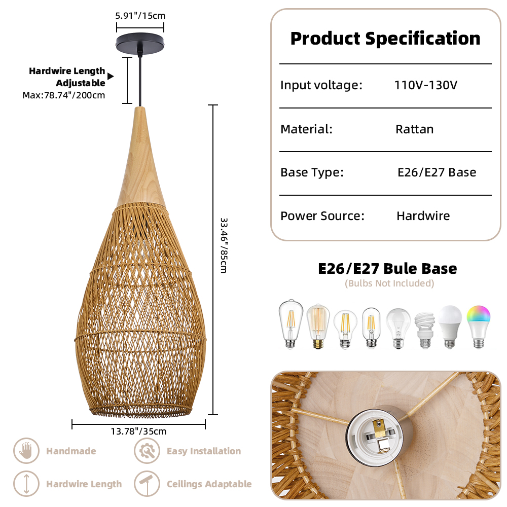 Dining Room Vintage Pendant Light Handmade Wood Rattan Lampshade
