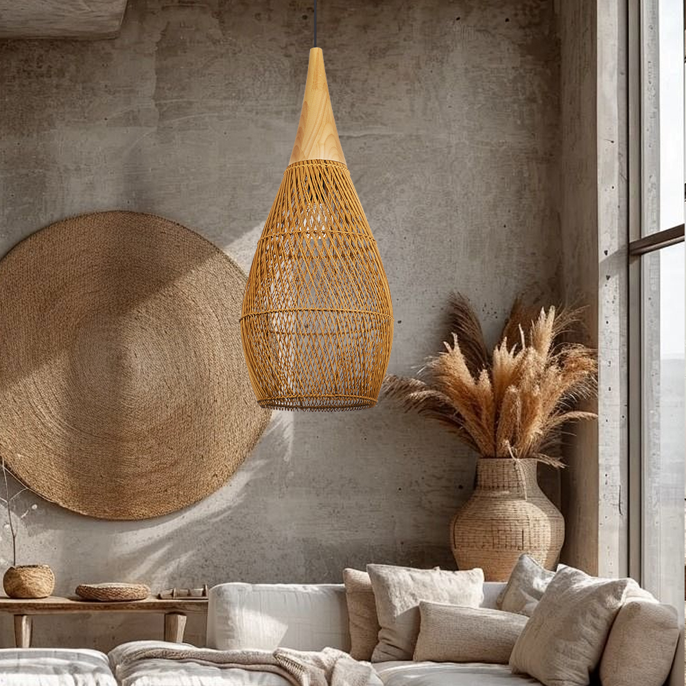 Dining Room Vintage Pendant Light Handmade Wood Rattan Lampshade