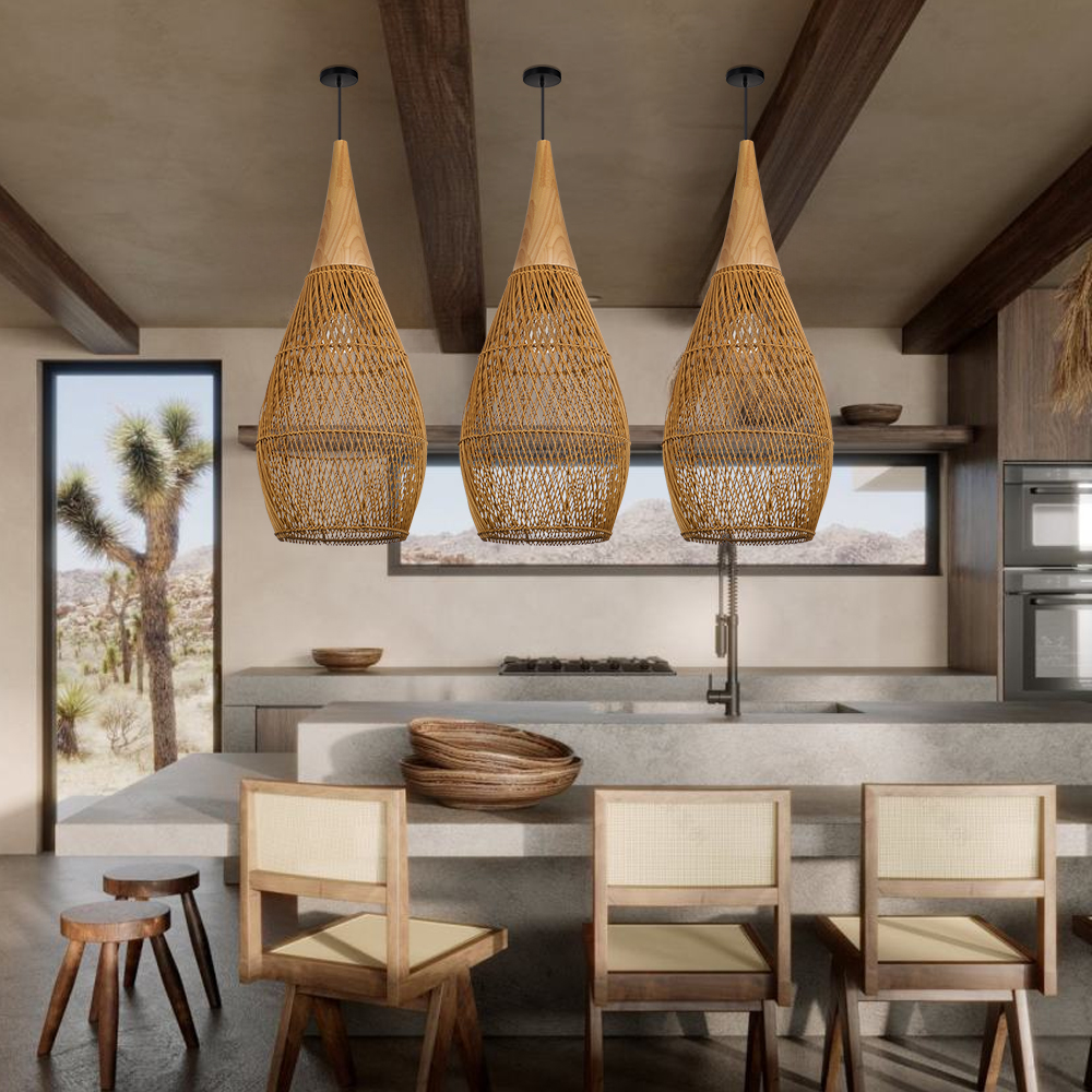 Dining Room Vintage Pendant Light Handmade Wood Rattan Lampshade