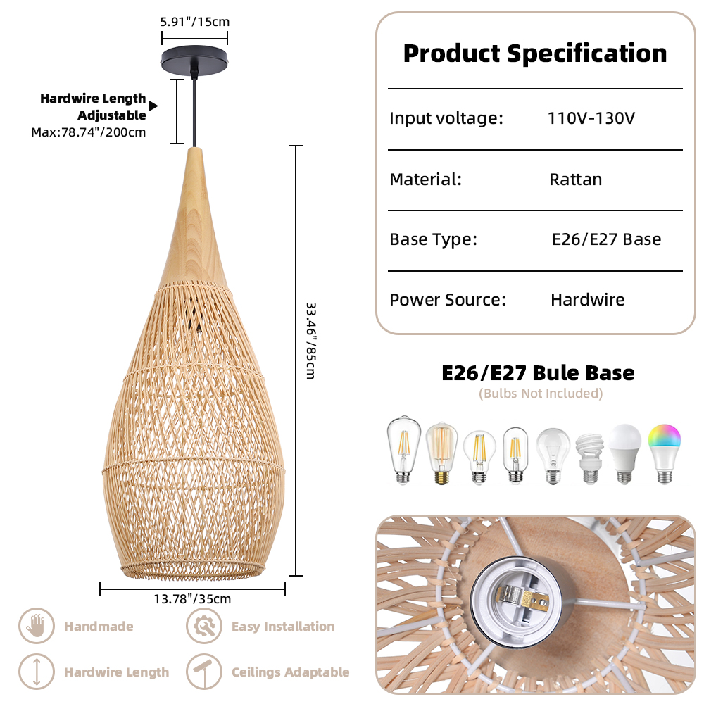 Dining Room Vintage Pendant Light Handmade Wood Rattan Lampshade