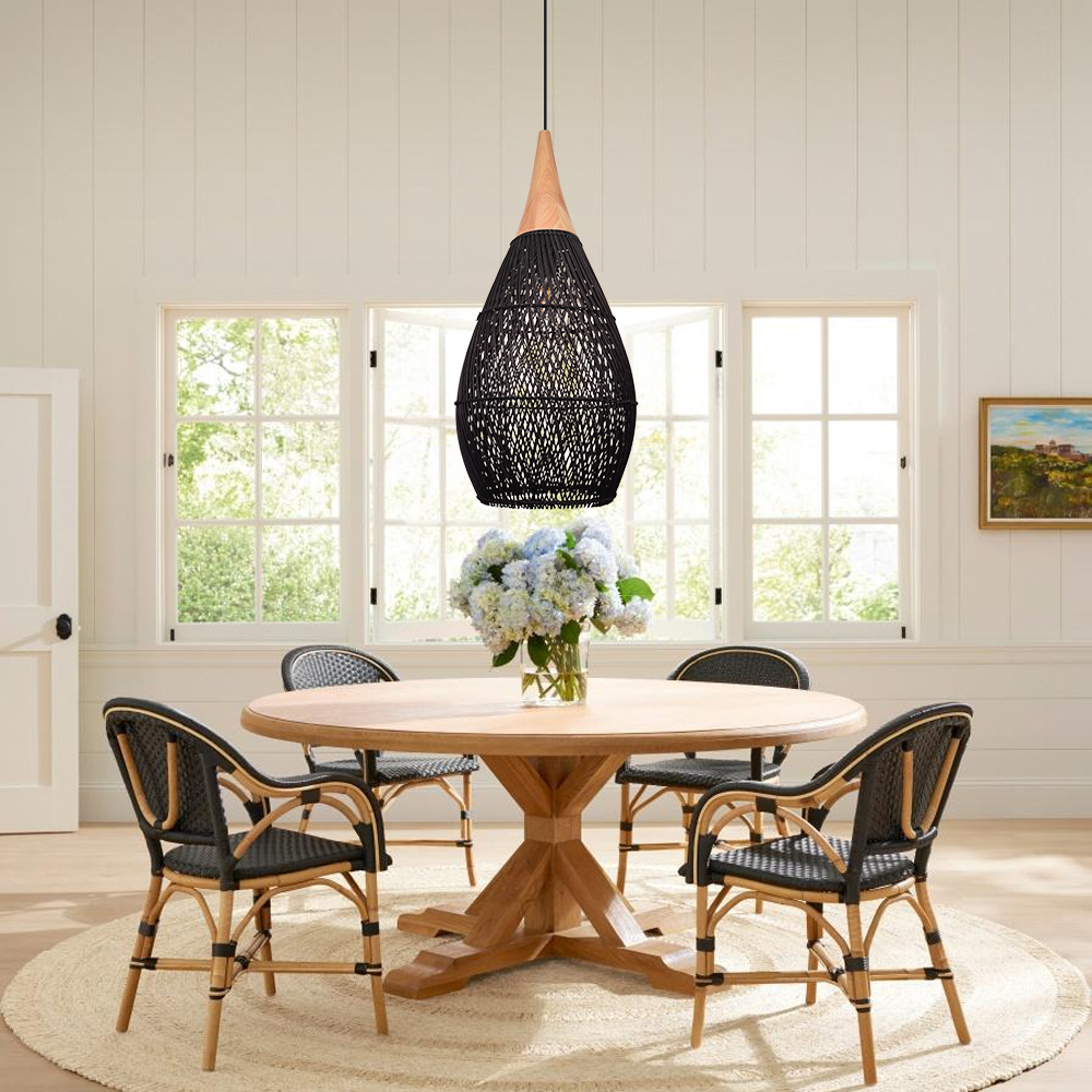 Dining Room Vintage Pendant Light Handmade Wood Rattan Lampshade