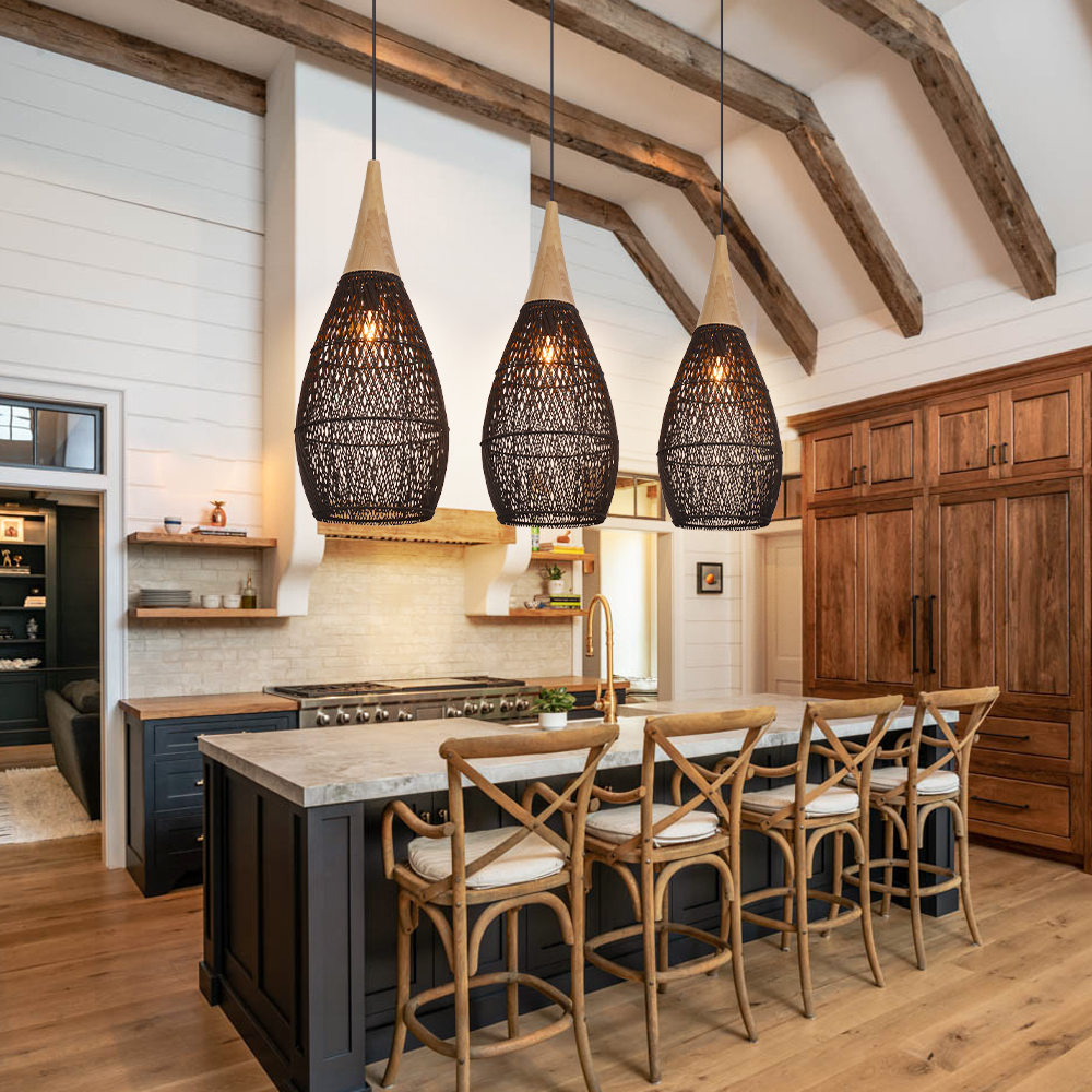 Dining Room Vintage Pendant Light Handmade Wood Rattan Lampshade