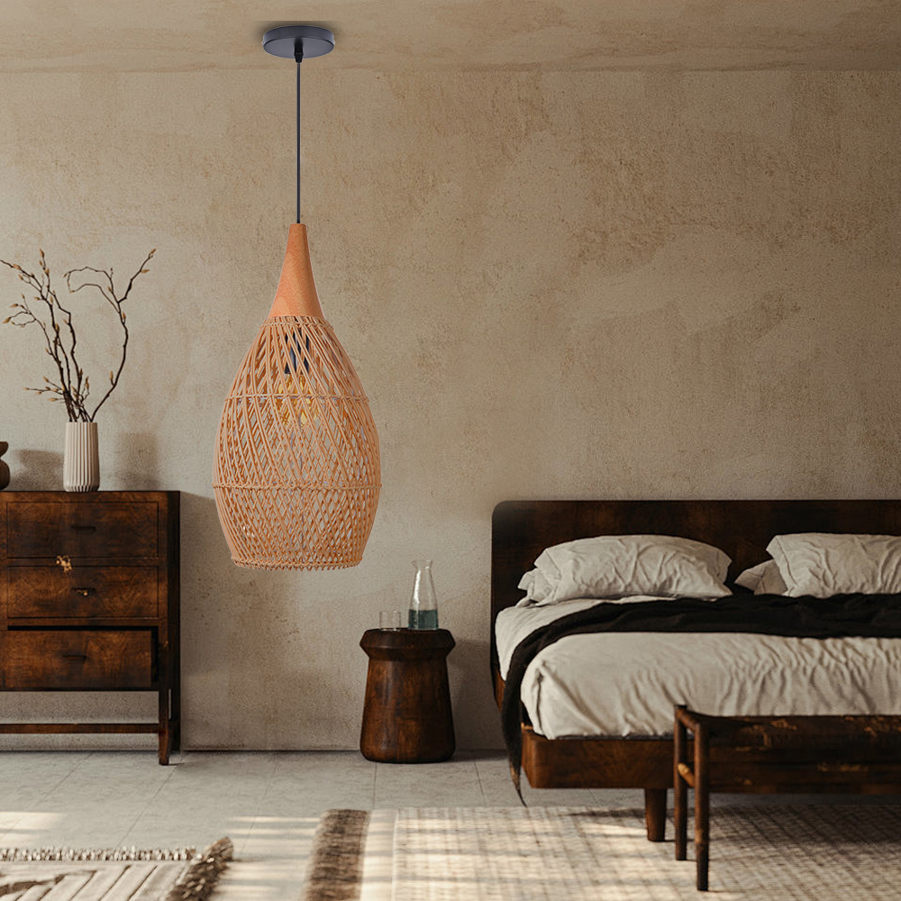 Dining Room Vintage Pendant Light Handmade Wood Rattan Lampshade